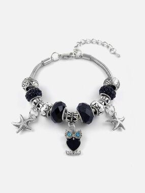 Silver Black Swarovski Crystal & Murano Bead Owl & Star Charm Bracelet